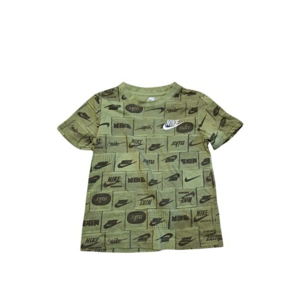 Nike Boys Olive Green All Over Logo Print Short Sleeve T-Shirt Size 4 XS